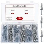 120 Pcs Self Drilling Plasterboard Fixings Raw Plugs and Screws, Cavity Wall Screws and Drywall Anchors, Metal Plaster Boarding Screws Fixings Kits Heavy Duty (3 pointed tips)