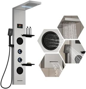 Homevacious 4 In 1 Shower Panel System with Shelf,LED Rainfall Shower Head and Massage Body Jets,3 Functions Handheld Head and Tub Spout,Stainless Steel Bathroom Shower Fixtures,Brushed Nickel