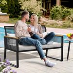 YITAHOME Patio Loveseat All-Weather Wicker Loveseat with Wooden Armrest, Patio Outdoor Furniture Ideal for Backyard, Balcony, and Deck, Featuring Soft Cushion, Black