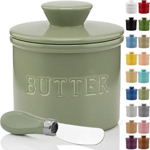 Priority Chef Large Butter Crock with Lid with Water Line, Ceramic French Butter Dish to Leave On Counter, Sage