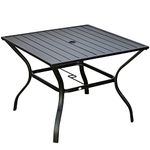 Outsunny 94 x 94 cm Garden Dining Table with Parasol Hole, Square Patio Table with Slatted Metal Plate Top, Black