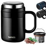 Tafuco Insulated Travel Mug with Strainer - 500ml Coffee Cup Tea Infuser - Tumbler with Handle, Leakproof Lid, Silicone Base - Vacuum Flask - Stainless Steel Thermal Cup (Black Matte)