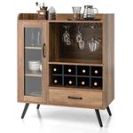 COSTWAY Wine Cabinet Sideboard, Kitchen Storage Cabinet with 8 Removable Wine Rack, Glass Holder, Drawer, Tempered Glass Door and Anti-tipping Device, Wooden Buffet Cupboard for Dining Living Room