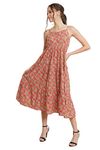 COTLAND Fashions Breathable Cotton Floral Printed A-Line Midi Dress for Women (Pink Beige)