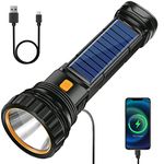 Idealife Solar LED Torch, USB Torch Rechargeable with 3 Lighting Modes, Hand Tools Torches for Kids Camping, Waterproof Flashlight for Power Cuts, Emergency, Camping, Hiking, Outdoor