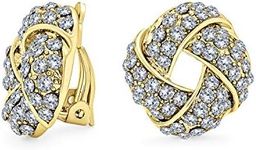 Woven White Clear Crystal Love Knot Work Clip On Earrings For Women Non Pierced Ears 14K Gold Plated Brass