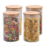 The Better Home Pack of 4 Kitchen Accessories Item with Bamboo Lid I Transparent Airtight Borosilicate Kitchen Containers Set | Glass Jars for Cookies Snacks Tea Coffee Sugar | 1000 ml Each