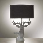 K LIVING White Resin Stag Table Lamp with Sculptured Antlers with Grey Table Lamp Shade