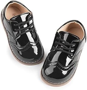 Meckior Toddler Boys Girls Black Dress Shoes Little Kid Oxford Shoes Wedding Church Dress Shoes PU Leather Lace Up School Uniform Loafer Flats