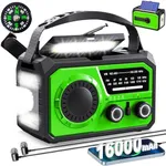 16000mAh Hand Crank Emergency Weather Radio with Wireless Speaker, 59200mWh NOAA AM FM Solar Radio with Flashlight Cell Phone Charger Reading Lamp Compass SOS for Camping and Survival (Green)