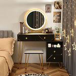 CHARMAID Vanity Set with 3 Colors Lighted Mirror, Left or Right Side Cabinet, 2 Large Drawers, Lipstick Storage Box, Bedroom Makeup Vanity Dressing Table with Cushioned Stool, Marble Black