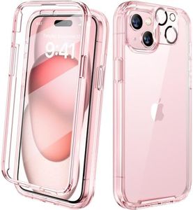 Diaclara Designed for iPhone 15 Plus Case 6.7 Inch, Full Body Rugged Case with Built-in Touch Sensitive Anti-Scratch Screen Protector + Glass Camera Lens Protector for iPhone 15 Plus,Clear Pink