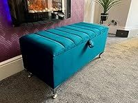 SK Luxury Living Ottoman Storage Box - Engineered Wood Panel Style Luxurious Plush Velvet Ottoman Storage Bench, Perfectly Designed Ottoman for Bedroom Storage - (Teal Plush, Legs)