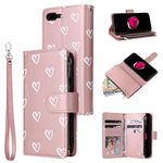 UEEBAI Wallet Case for iPhone 7 Plus/iPhone 8 Plus, Premium Vintage PU Leather Magnetic Closure Handbag Zipper Pocket Case Kickstand Card Slots with Wrist Strap Shockproof Flip Case - Rose Gold Heart