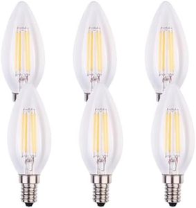 Geminilite E14 Candle LED Light Bulbs, 4W (Replacement for 40 Watt) Candelabra Light Bulb, 3000K Warm White C35 440LM E14 Small Edison Screw, Not Dimmable Filament Chandelier LED 6 Pack