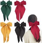 Bekecidi 4 Pack Big Bow Hair Clips, Solid Color Bowknot Hairpin, French Barrette with Long Silky Satin, for Adult Teens Women Hair Accessories (black, red, yellow, green)