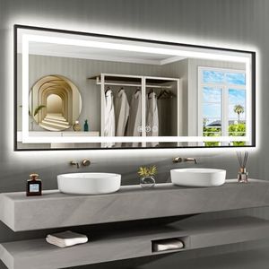 Amorho LED Bathroom Mirror, 88" X38" Front Light and Backlit with Black Frame, Stepless Dimmable, Anti-Fog, Shatter-Proof, Memory, 3 Colors, Double LED Vanity Mirror