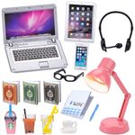 15Pcs Dollhouse Miniature Laptop Computer Tablet Phone Lamp Book Glasses Coffee Headset Simulation Accessories 1/12 1/6 Toy Pad Play Set Fits Barbie Doll Girl Mini Drink Party Office (A)