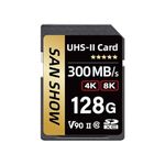 SANSHOWSD Professional V90 SD Card, SDXC UHS-II V90 Memory Card, Full-HD & 8K Video, Up to 300MB/s Read, for DSLR, Cinema-Quality Video Cameras (128GB)