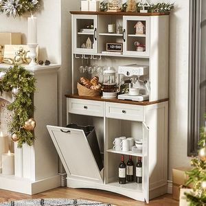 OUTGUAVA Tilt Out Trash Cabinet, Kitchen Pantry Storage Cabinets with Adjustable Shelves and Drawers, Wooden Freestanding Cabinet Trash Cans for Kitchen Living Room Dining Room, White, 13 Gallons