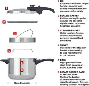 Tower 6L Pressure Cooker – Silver Stainless Steel