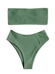 ZAFUL Women's High Cut Bandeau Bikini Set Strapless Solid Color 2 Pieces Bathing Suit Swimsuit Army Green L