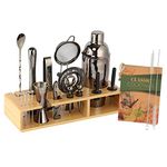 Black Mixology Bartender Kit: 23-Piece Bar Set with Bamboo Stand by CLASIER | Cocktail Shaker Set | Bar Tools Include Cocktail Mixer Set, Wine Bottle Opener, Strainer, Recipe Book, Velvet Carry Bag