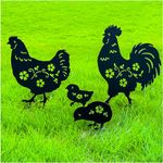 Chicken Metal Decorative Garden Stakes Chicken Gifts for Women Men Rooster&Hen with Chicks Silhouette Statues for Yard Art, Outside, Patio, Outdoor Decor, Garden Decorations, Lawn Ornaments, Set of 4