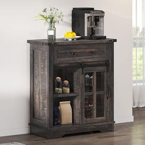 DWVO Farmhouse Coffee Bar Cabinet, 32” Sideboard Buffet Cabinet with Drawer & Adjustable Storage Shelves, Storage Cabinet with Sliding Barn Door for Kitchen and Living Room, Dark Rustic Oak