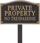 Whitehall Products 10472 Statement Plaque, Small Wall/Lawn-Private Property No Trespassing, Black/Gold