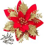 iDopick 16 Pieces Christmas Poinsettia Artificial Christmas Flowers Decorations Glittering with Clips for Xmas Wedding Party Tree Wreath Ornaments Glitter(Red&Gold)