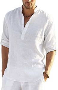 COOFANDY Men's Cotton Linen Henley Shirt Long Sleeve Hippie Casual Beach T Shirts, White, 5X-Large