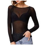 Women's See Through Long Sleeve Seamless Arm Top Mesh Shirt Blouse Cute Lace (1-Black, XXL)