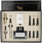 Wordsworth & Black Calligraphy Pen Gift Set, Includes Ink Bottle, 6 Ink Cartridges, Ink Refill Converter, 6 Replacement Nibs, Premium Package, Journaling, Smooth Writing Pens [Silver Gold]