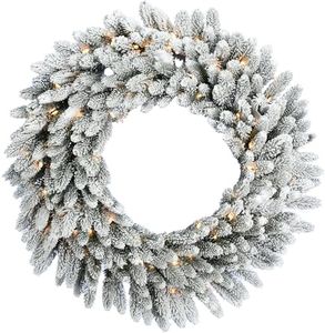 Fraser Hill Farm 36-in. ICY Frost Snow Flocked Wreath with Warm White LED Lights, Battery Operated Door Hanging Wreath, Festive Christmas Holiday Decorations for Front Door, Porch, and Entryway