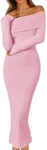 MEROKEETY Women's Formal Off Shoulder Bodycon Sweater Dress Fall Long Sleeve Elegant Cocktail Party Midi Maxi Dresses, LightPink, Small