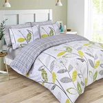 DREAMSCENE Bedding & Bedding 137 x 198 cm, Floral Autumn Checked Tartan Natural Bedding Set with Matching Pillowcase, Grey and White, 2 Piece