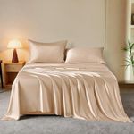 THXSILK Luxury Mulberry Silk Bed Sheets Set - 4pcs 16" Deep Pocket Silk Sheets Set - 1 Fitted Sheet, 1 Flat Sheet, 2 Silk Pillowcases with Zipper Closure - Queen, Champagne