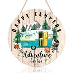 Happy Campers Wood Hanging Sign Plaque, Summer Outdoor Adventure Quote Wooden Door Hanger, Round Tent Camping Wall Art for Campers Travel Home Garden Decor (12''x12'')