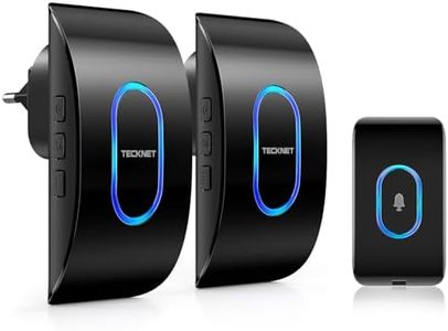 TECKNET Timbre Inalámbrico Exterior Impermeable con 2 Receptores Enchufables, IP65 Impermeable Doorbell 400M, 60 Melodías y 5 Niveles de Volumen, 3 Modos de Trabajo, Indicador LED - Negro