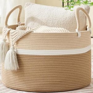 KAKAMAY Large Blanket Basket (20"x13"),Woven Baskets for storage Baby Laundry Hamper, Cotton Rope Blanket Basket for Living Room, Laundry, Nursery, Pillows, Baby Toy chest (White and Brown)