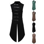 Mens Gothic Steampunk Tailcoat Waistcoat UK Sale Clearance, Man Retro Faux Suede Suit Vest Medieval Buckle Belt Long Jacket Victorian Renaissance Coat Vintage Pirate Tops Halloween Cosplay Costume