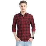 Rocket Science Men's Casual Double Pocket Checked Shirt | Maroon Color | Spread Collar.