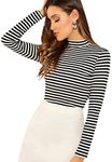 Floerns Women's High Neck Long Sleeve Slim Fit Stretch Striped T-Shirts Black and White, S