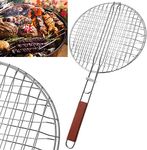 VIZORA Mild Steel Portable Barbecue BBQ Grill Net Basket Roast Grilling Tray Plated with Wooden Handle (Grill Round (30 CM))