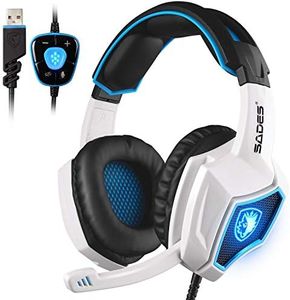 SADES Spirit Wolf 7.1 Surround Stereo Sound USB Computer Gaming Headset with Microphone,Over-The-Ear Noise Isolating,Breathing LED Light for PC Gamers (Black White)