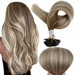 Full Shine Nail Tip Hair Extensions 18 Inch Balayage Human Hair Extensions Pre Bonded Human Hair Extensions 3 Darker Brown Fading to 8 Ash Brown and 22 Medium Blonde