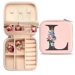 Seorsok Personalized Letter Jewelry Box, PU Leather Travel Portable Case with Mirror, Mini Pink Alphabet Flower for Women Mom Girls Gift, Jewelry Storage Case for Rings Earrings Necklace, Letter L