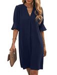 Famulily Casual Dresses for Women Puff Half Sleeve V Neck Solid Loose Fit Above Knee Flowy Summer Beach Tunic Sundress Blue XL