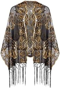 BABEYOND 1920s Sequined Peacock Shawl Wraps Fringed Evening Cape Wedding Bridal Shawl Scarf for Evening Dresses Party, Black Gold, One size